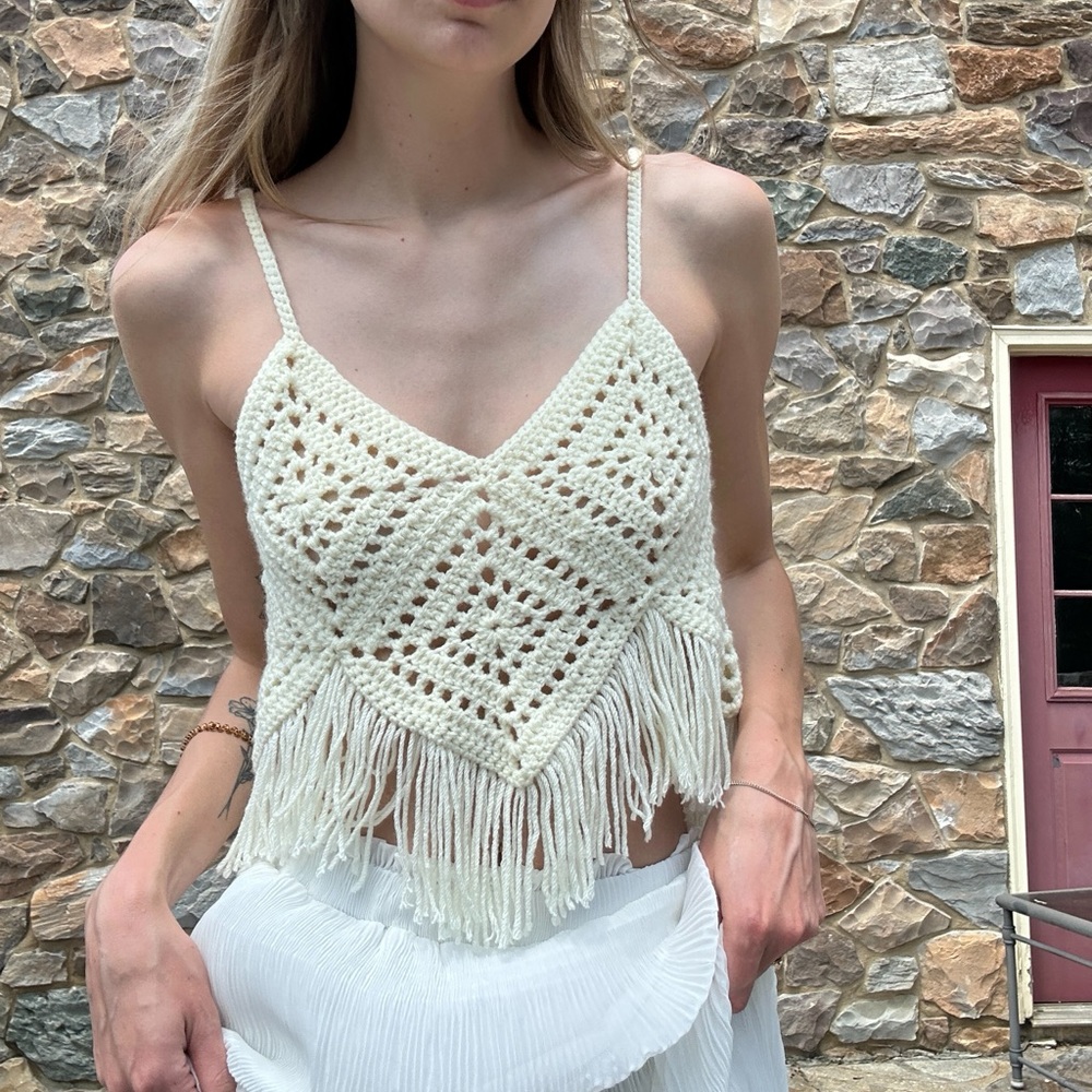 Cream Crochet Fringe Crop Top